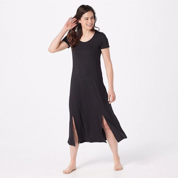 Cuddl Duds Flexwear Short-Sleeve Maxi Dress Size 3X Petite Black Stretch Slits - Picture 1 of 9